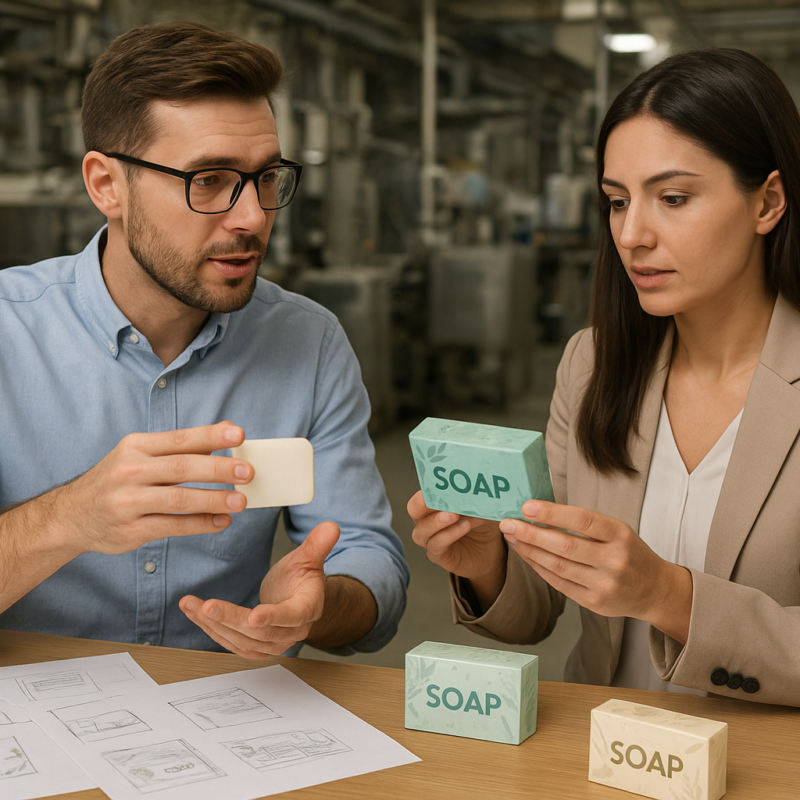 A client and a factory designer discussing soap packaging design at a table in a production workshop, with multiple soap packaging samples and design sketches placed in front of them.